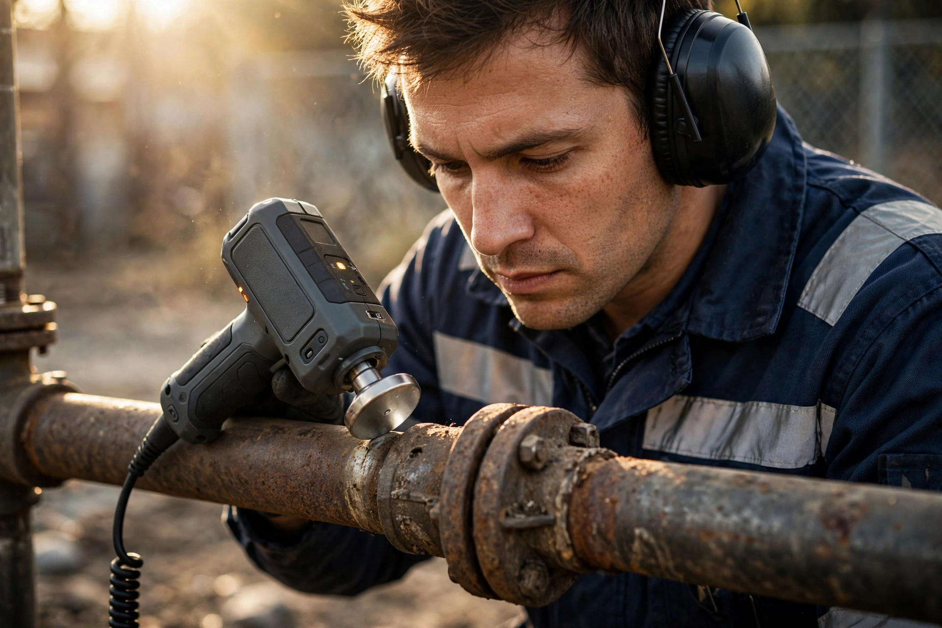 Leak detection specialist using acoustic listening device on water pipe in Santee, CA