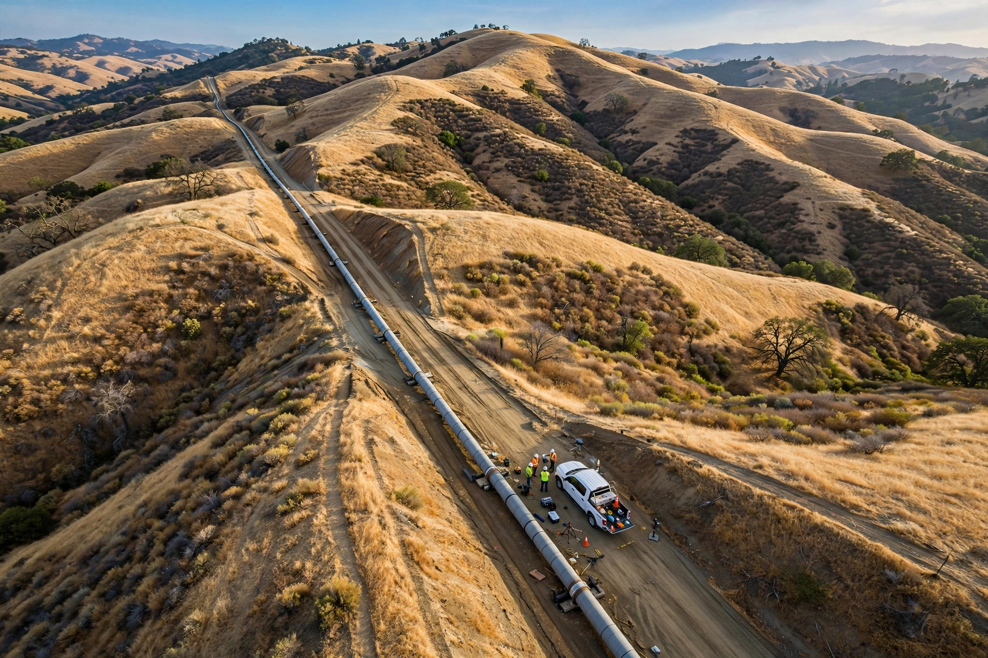 Drone surveying cross-country pipeline corridor for leak detection in San Diego County