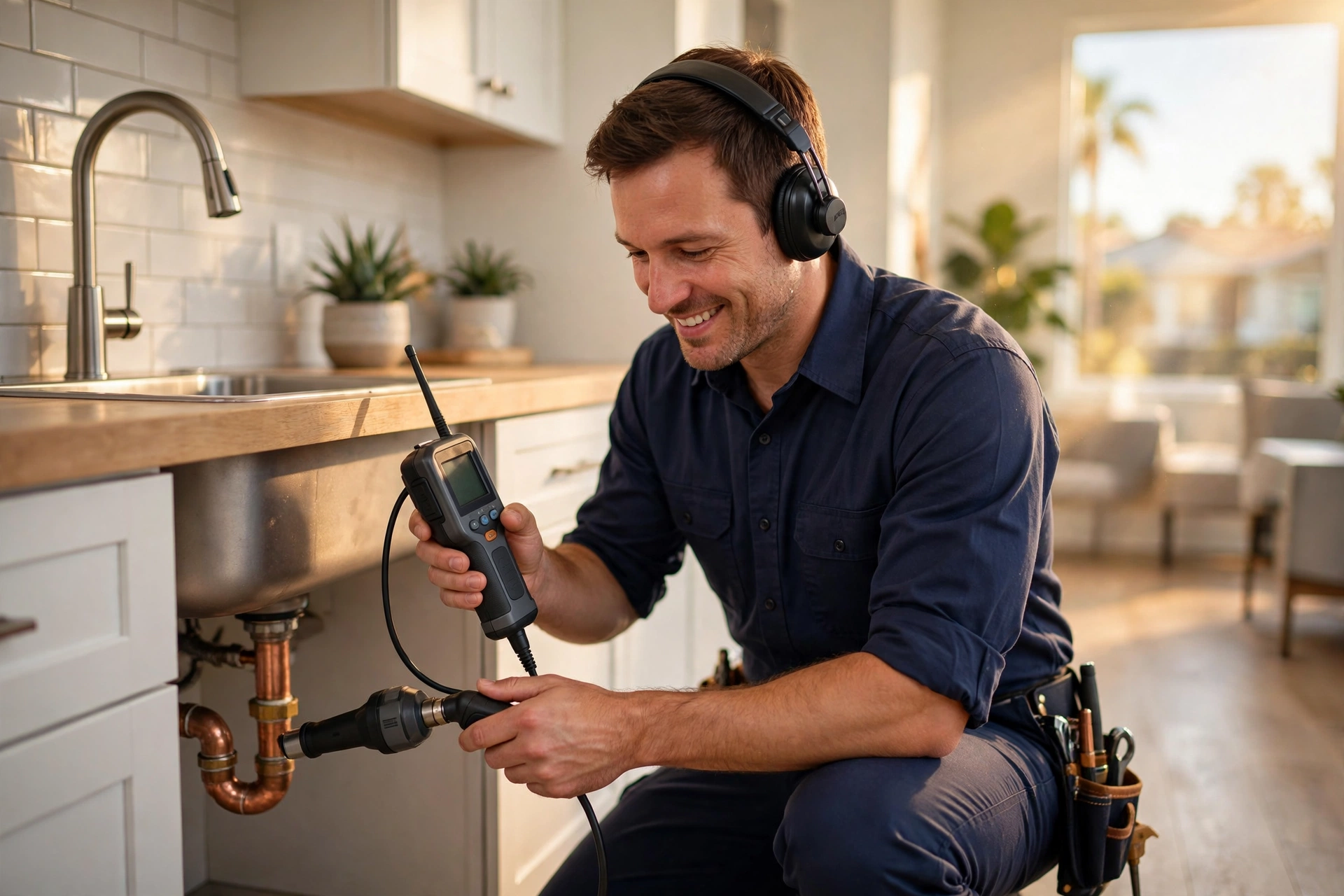Technician performing leak detection in a Santee, CA home with acoustic equipment