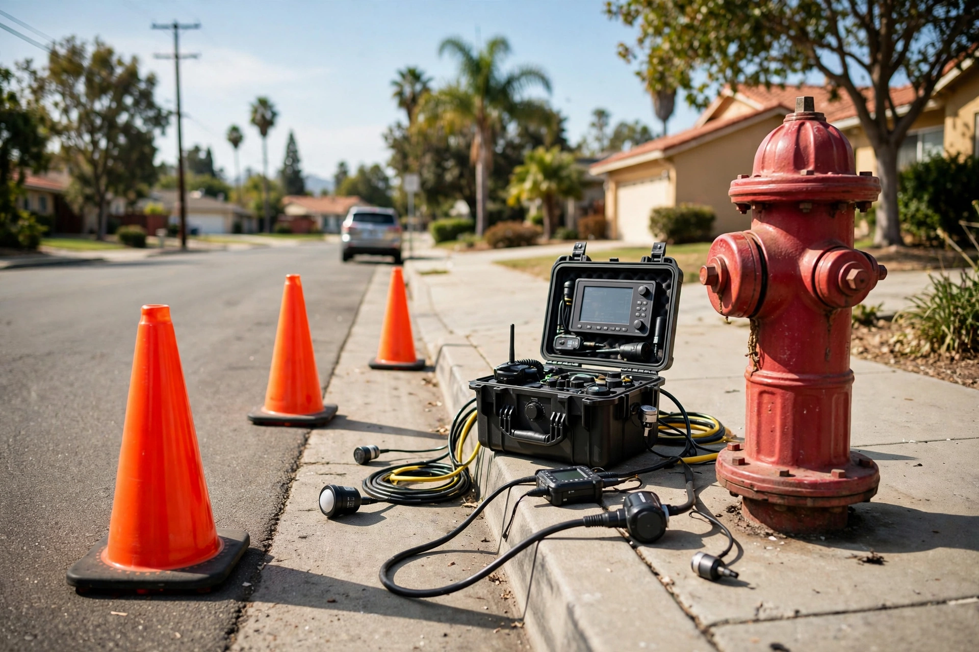 Technician performing municipal water distribution leak survey with acoustic equipment in Santee, CA
