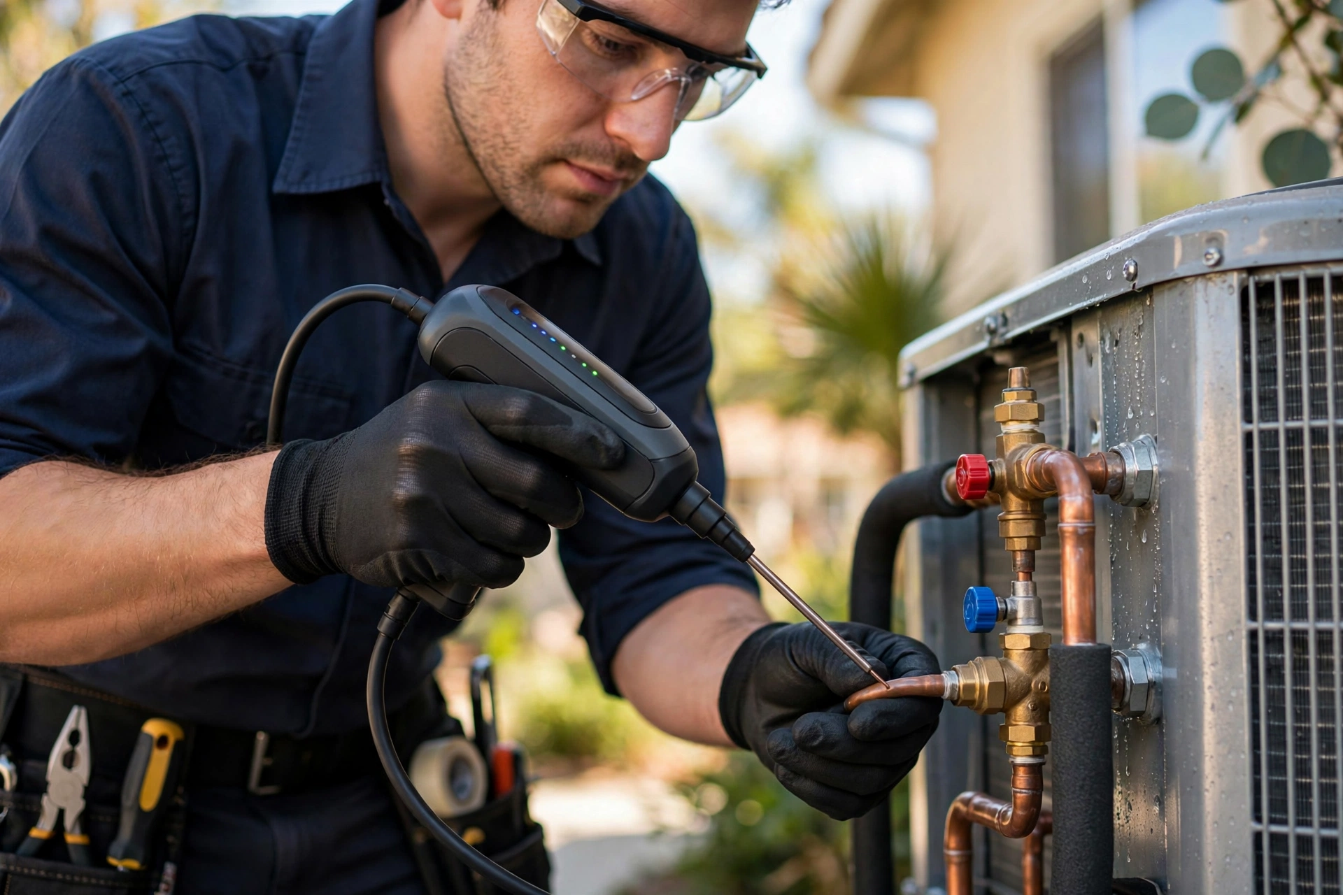 HVAC technician auditing rooftop unit for refrigerant leaks with electronic detector in Santee, CA