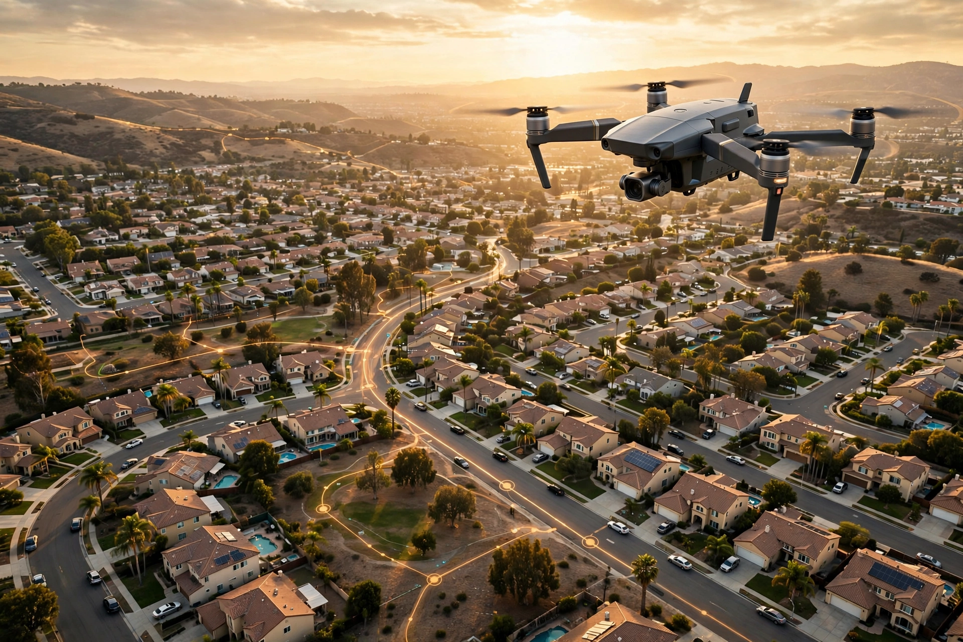 Drone conducting wide-area macro leak detection survey over Santee, CA