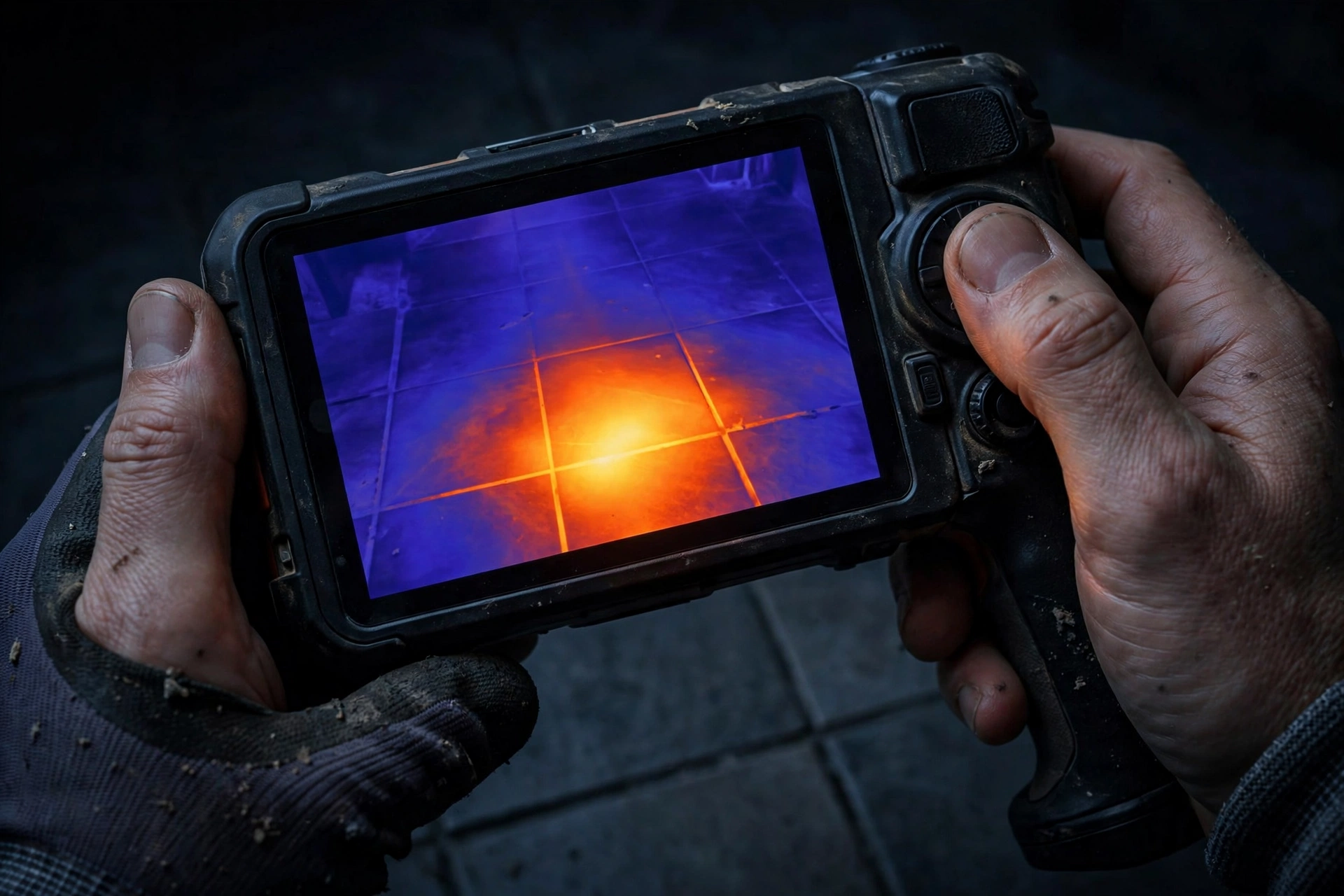 Technician performing slab leak detection in Santee, CA with a thermal imaging camera
