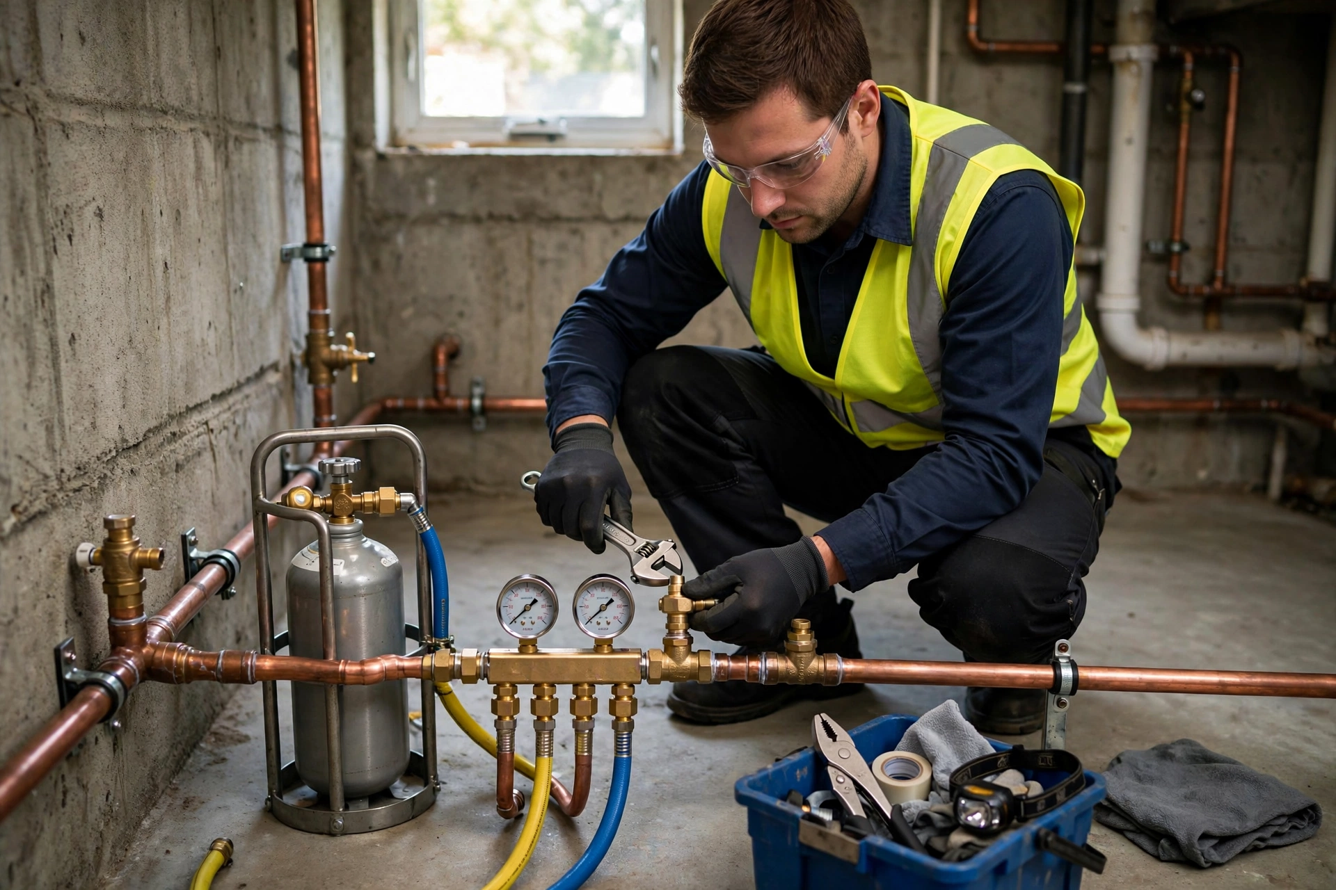 Technician using tracer gas detector to pinpoint hidden pipe leak in Santee, CA